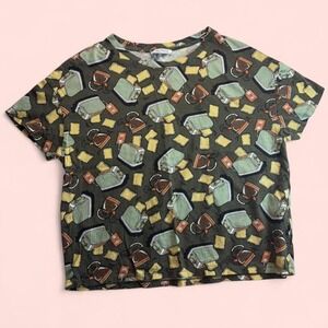 NWOT! Zara Green Yellow Cropped Shirt Breakfast Toast Coffee Mug Print Sz S Tee
